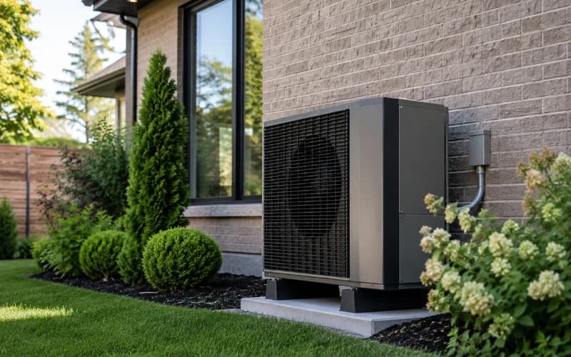 Modern outdoor heat pump unit installed beside a residential home with landscaping