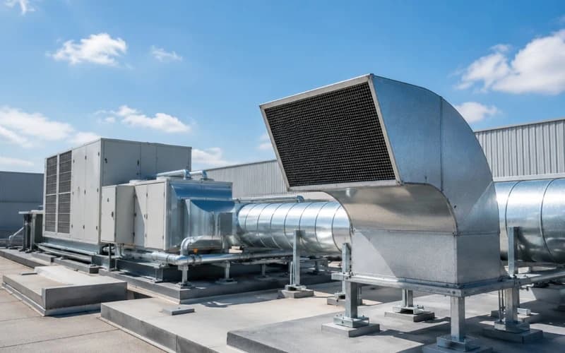 Rooftop ventilation ductwork and air handling equipment under a clear sky